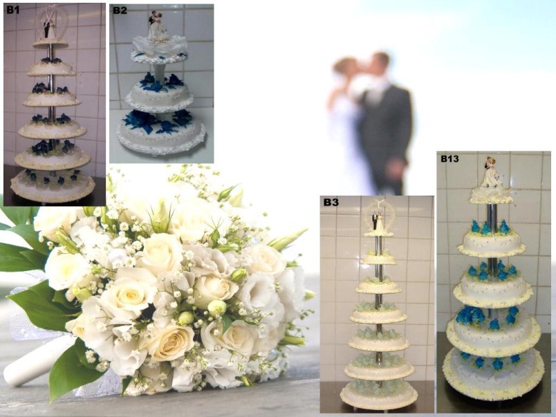 Bruidstaarten van 3 tot 7 lagen met blauwe rozen