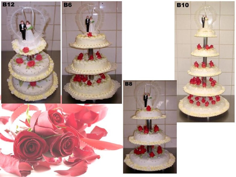 Bruidstaarten met rode rozen in verschillende soorten